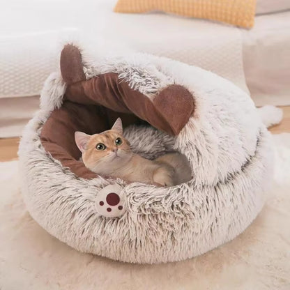 Cama de gato de felpa de invierno - cojín redondo, nido cálido para gatos y perros pequeños