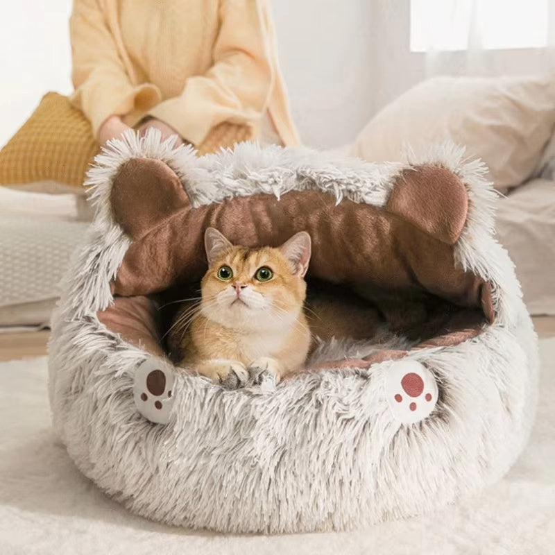 Cama de gato de felpa de invierno - cojín redondo, nido cálido para gatos y perros pequeños