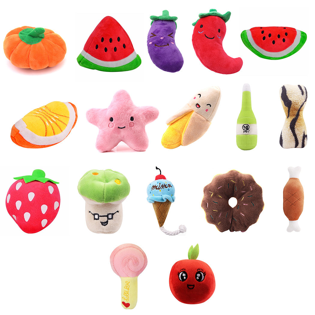 Plush Pet Toys - Diversos diseños de frutas y dibujos animados para perros y gatos