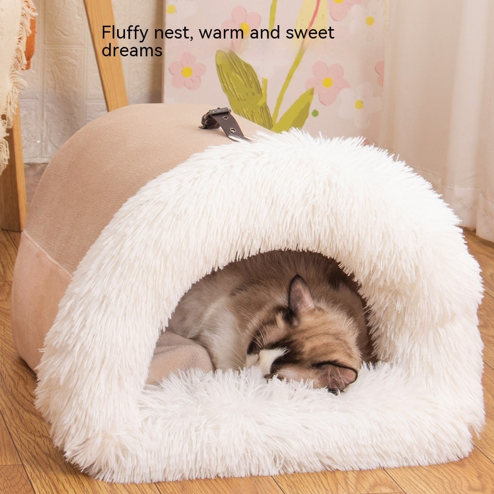 Portable Splice Pet Nest - Warm Autumn/Winter Dog & Cat Bed, Moisture-Proof Long Fur Design