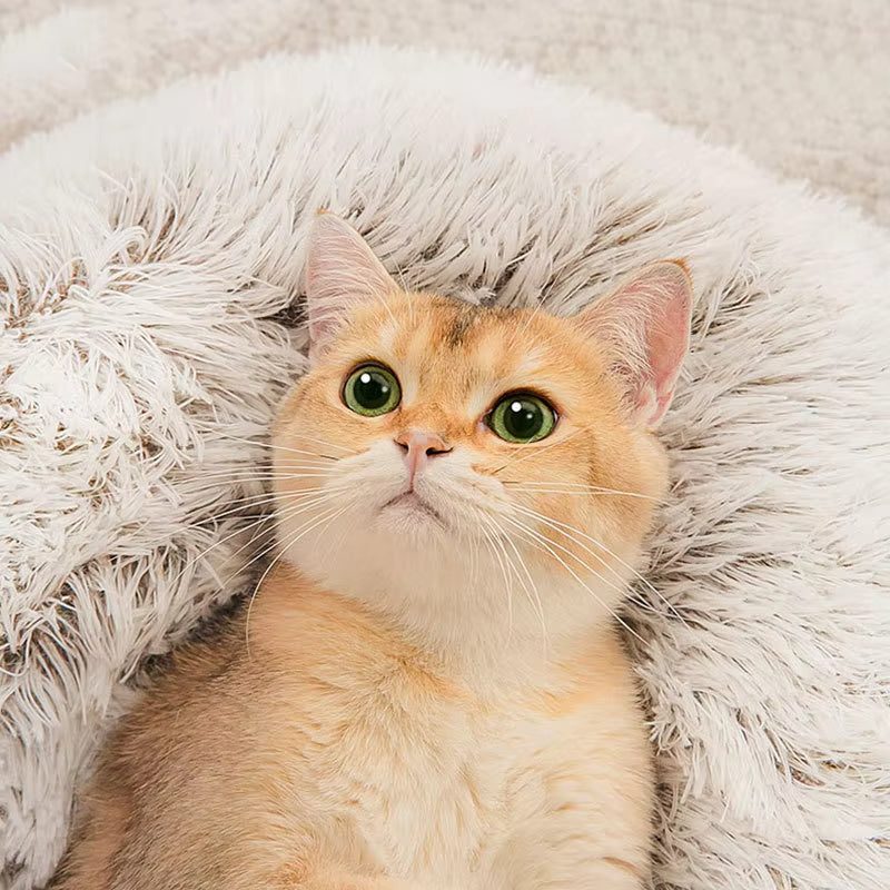 Cama de gato de felpa de invierno - cojín redondo, nido cálido para gatos y perros pequeños