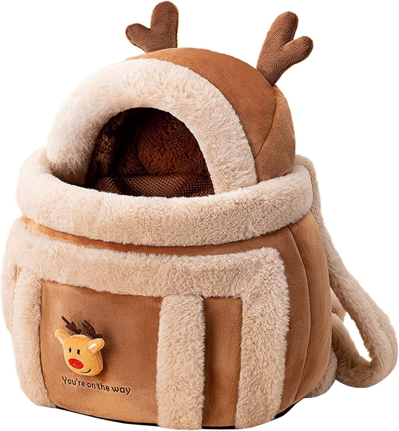 Plush Reindeer Dog Carrier Backpack - Cozy & Warm with Hand Warmers