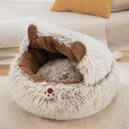 Cama de gato de felpa de invierno - cojín redondo, nido cálido para gatos y perros pequeños