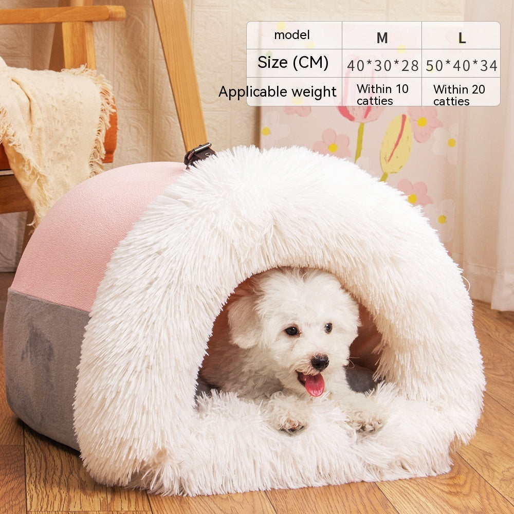 Portable Splice Pet Nest - Warm Autumn/Winter Dog & Cat Bed, Moisture-Proof Long Fur Design