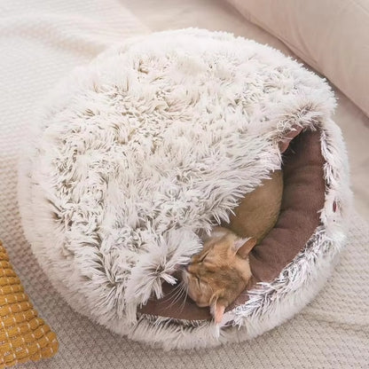 Cama de gato de felpa de invierno - cojín redondo, nido cálido para gatos y perros pequeños