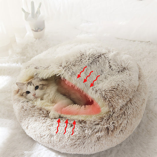 Luxurious Plush Round Cat Bed - Soft, Semi-Enclosed, and Cozy for Winter Comfort